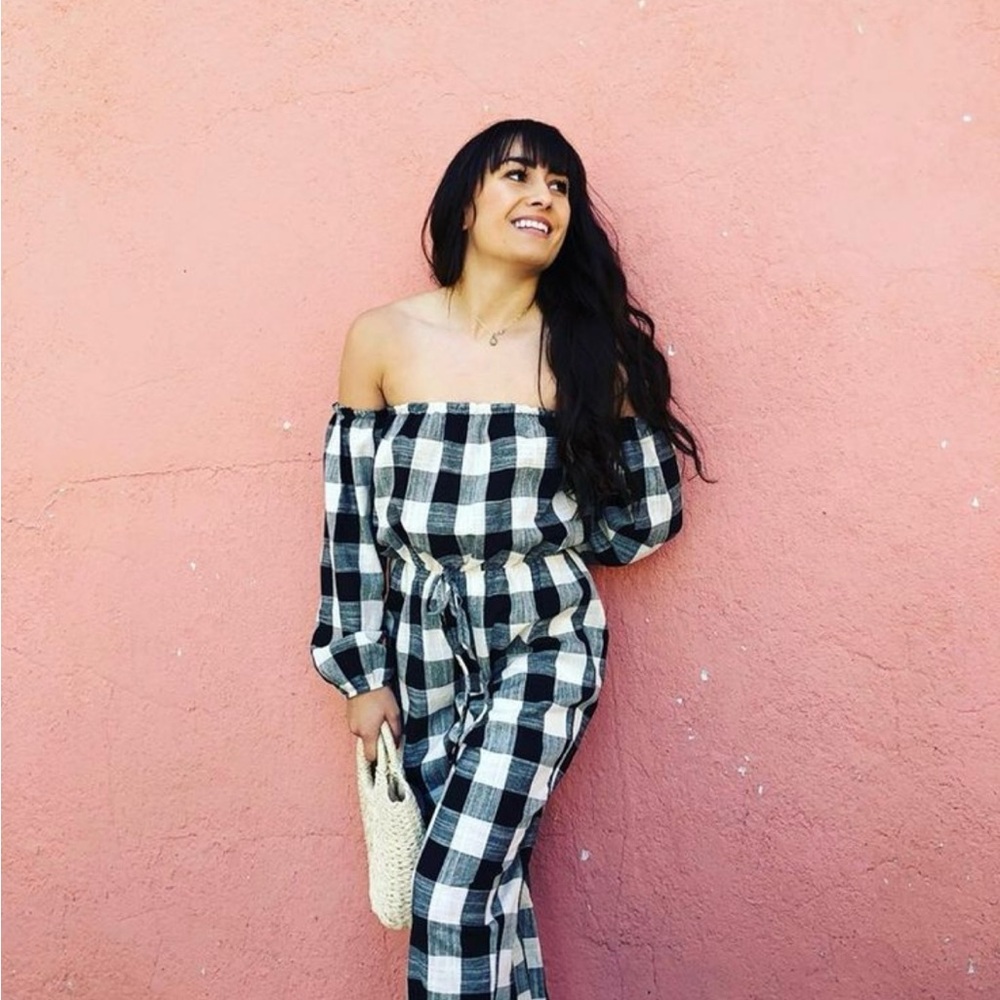 Celebrity Designer Alex Vinash Plaid Jumpsuit in Black and White